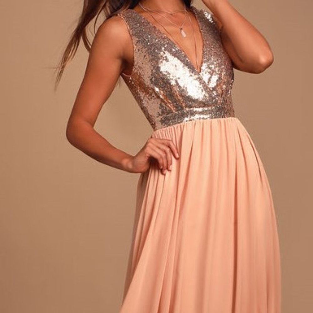 Lulu's Elegant Encounter Rose Gold Sequin Maxi Dress